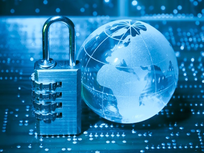 padlock and globe, symbolizing network security