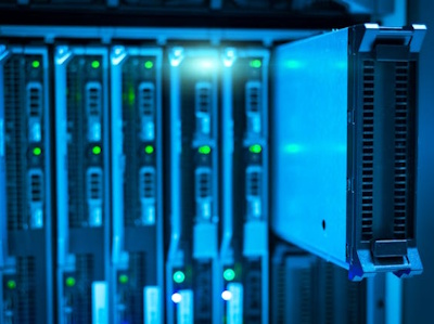 Detailed view of a server rack with a focus on technology and data storage