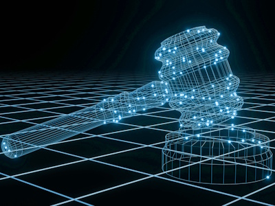 a 3d image of a judge's hammer on a black background